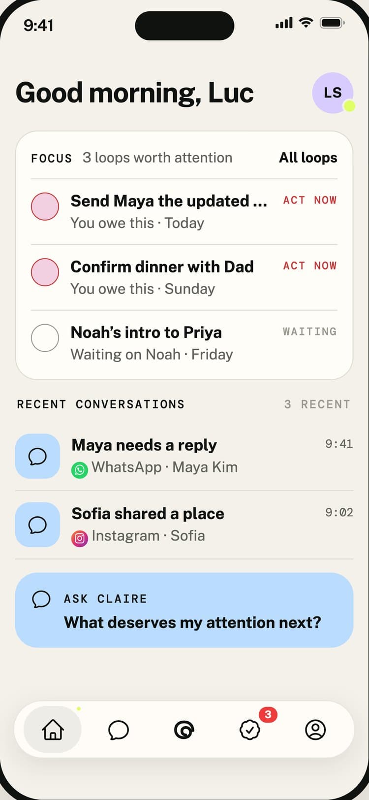Claire app screen