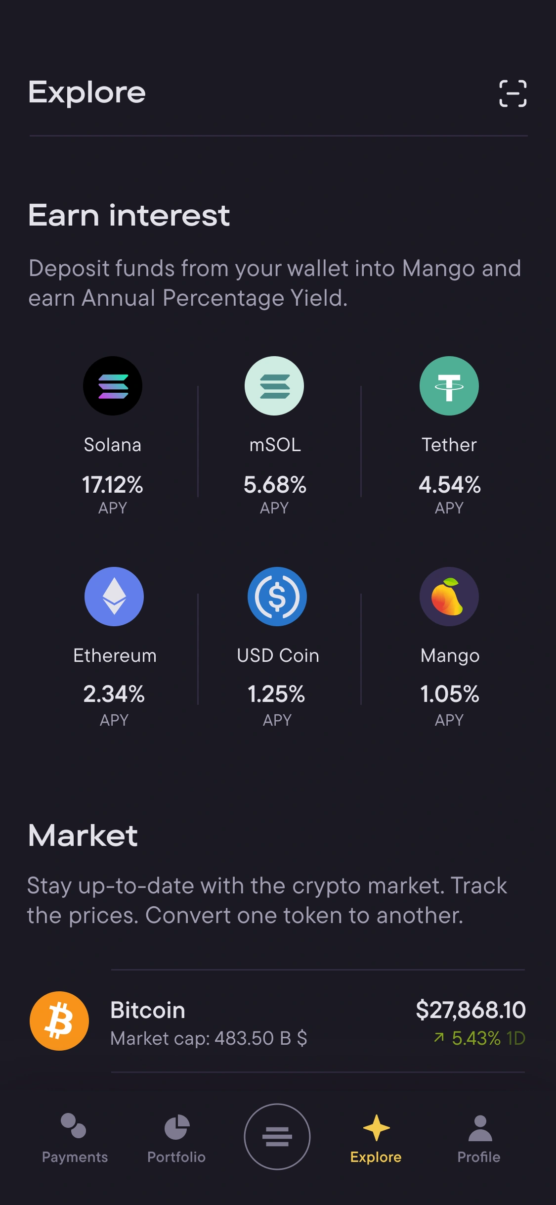 Mango Pay — Explore: Earn rates and markets