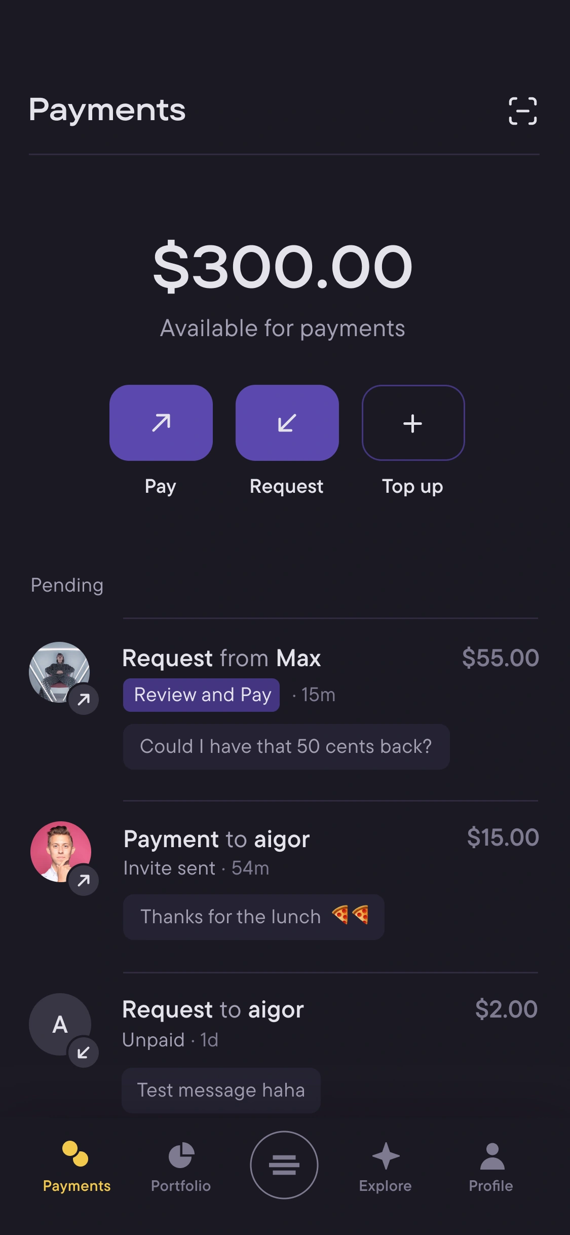 Mango Pay — Payments: Pending requests, with notes