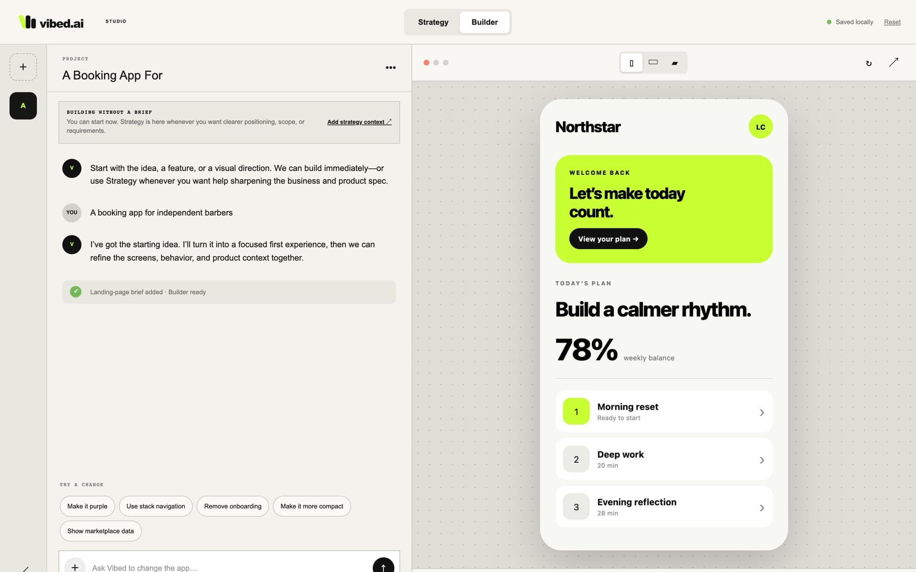 Vibed Studio Builder with a chat and a live app preview